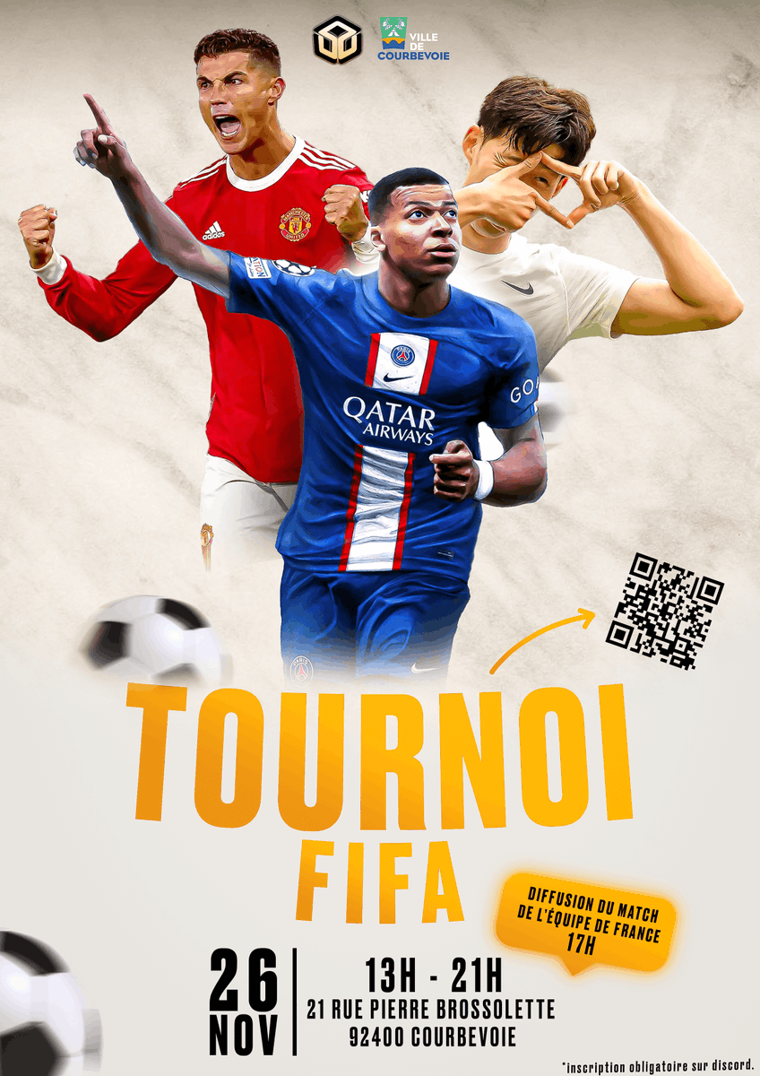 Nous organisons un tournoi #FIFA23 #PS5 30 joueurs dans nos locaux à <a href="/VilleCourbevoie/">Ville de Courbevoie</a> + diffusion du match France 🇫🇷 - Danemark 🇩🇰 de la coupe du monde !!

📍 : Courbevoie, Gymnase Jean Blot
📅 : 26 Novembre 2022
🎫 : Gratuit
🎮 : Manette à apporter

Plus d'infos 👇🏻👇🏻