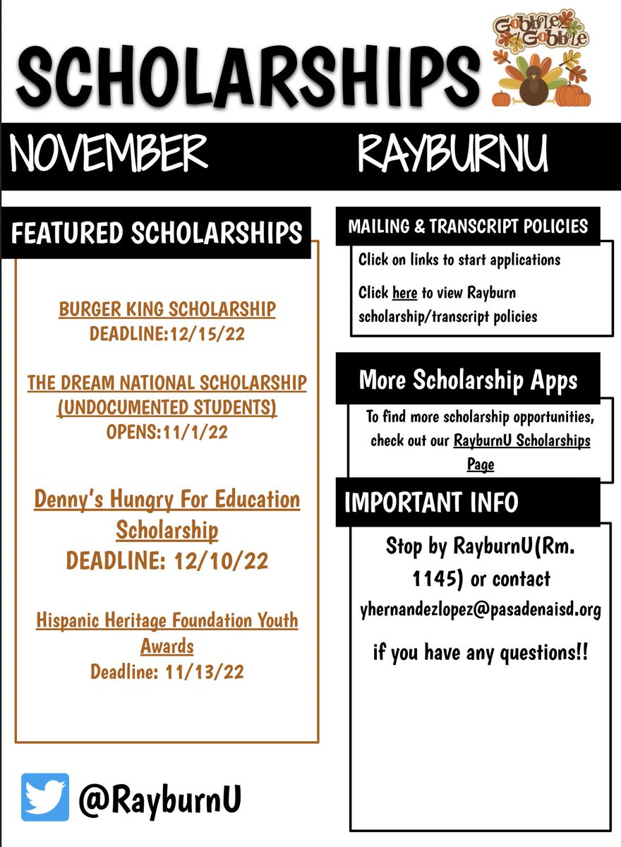 RayburnU's tweet photo. Our November Scholarship Bulletin 🦃🍂🍁is now out click here ➡️https://t.co/E5wLGTWbOB https://t.co/M9eLj7RDTm