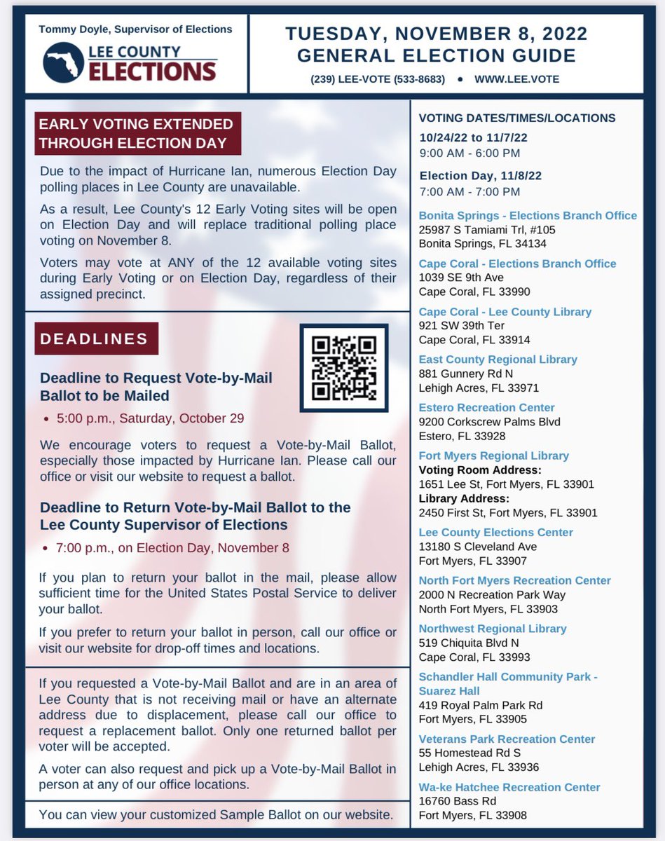 DanB64479572's tweet image. Reminder!  Lee County Residents 👇

Due to Hurricane Ian, there will only be 12 voting sites in Lee County. Voters may vote at any of the 12 sites. 
11/01 - 11/07: 9am - 6pm
11/08::  7am - 7pm

View a Sample Ballot:
lee.vote/Portals/Lee/20…
#GeneralElection2022 #LeeCountyFl