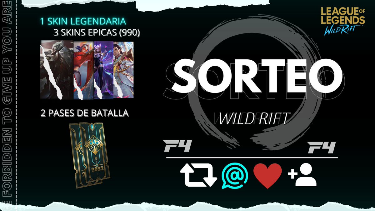 🆙️ Gran sorteo Team Forbidden #1

🕹 Plazo hasta ( 19/11/2022)

⭐ 1 Skin Legendaria (a elección)
▶️ 3 Skins épicas (a eleccion)
💠 2 Wild Pass (Cada 200 participantes se agrega +1)

¿Como participar?
❤| Corazón
@ | Menciona a 2 amigos en comentarios.
🔃| RT
▶️| Síguenos