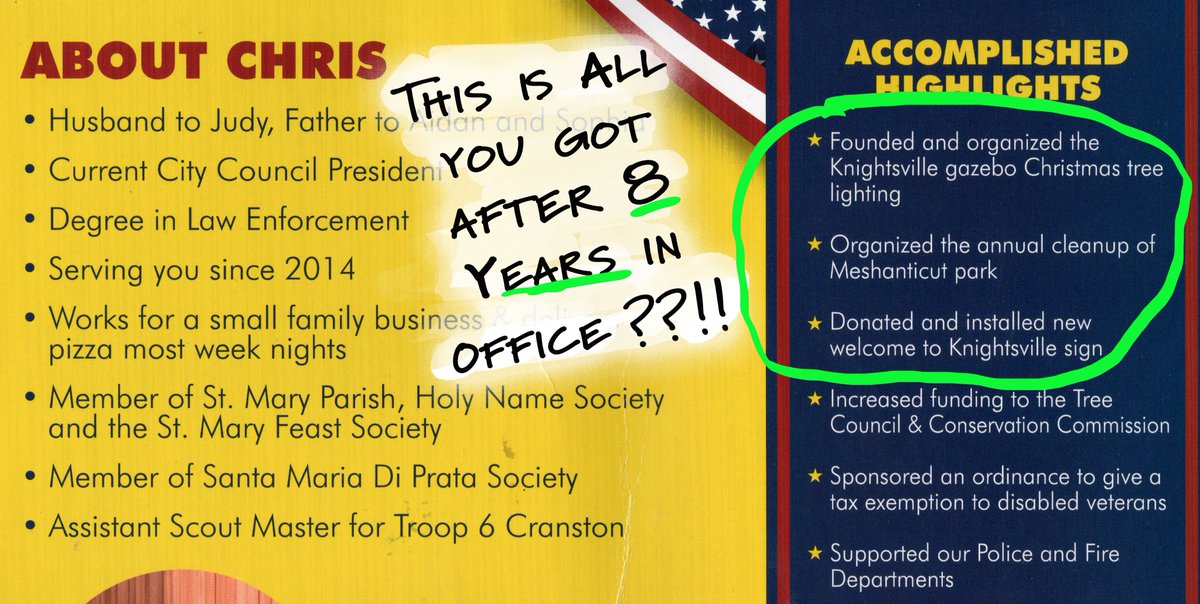 How to know it’s time to vote #Cranston Ward 5 Councilman Paplauskas out of office: After 4 terms, tree lighting, Boy Scout clean-up days, & signage top his 'accomplishment' list.  We have a choice in this election. Elect @LarryW911 @CranstonForward @CranstonDems #Ward5Cranston