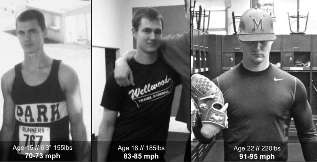 A Thread on Gaining Weight for Skinny Pitchers:🧐

As a hardgainer, I can tell you that training was the EASY part of developing from low 70’s (at 155 lbs) to 210+lbs &amp; throwing into the upper 90s.

The HARD part &amp; my kryptonite for YEARS was gaining weight.

How I did it⬇️

1/