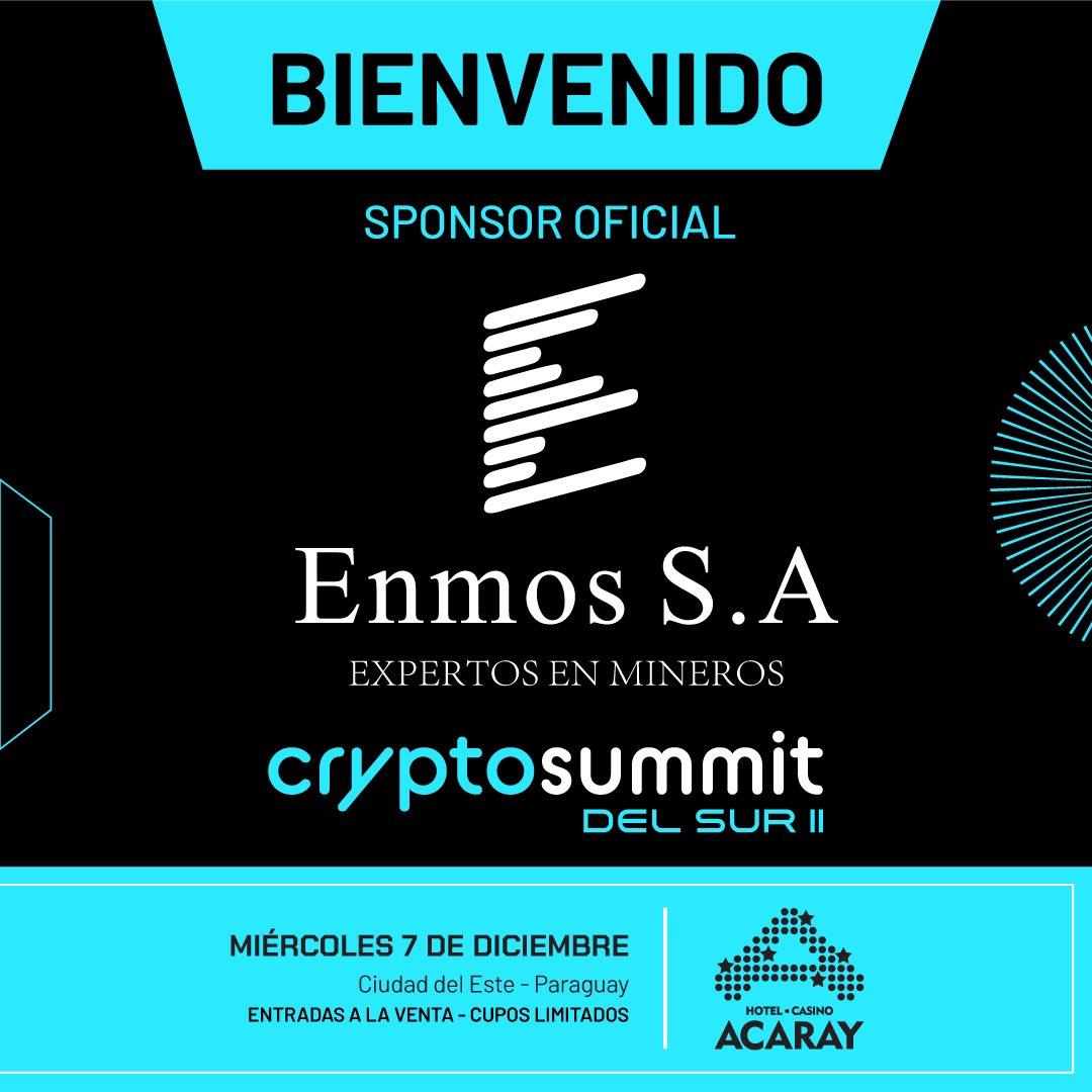 latinmediacryp1's tweet photo. Welcome #Enmos  official sponsor @cryptosummitsur @hotelacaray December 7th, Ciudad del Este, Paraguay https://t.co/gy7WxlkoOj