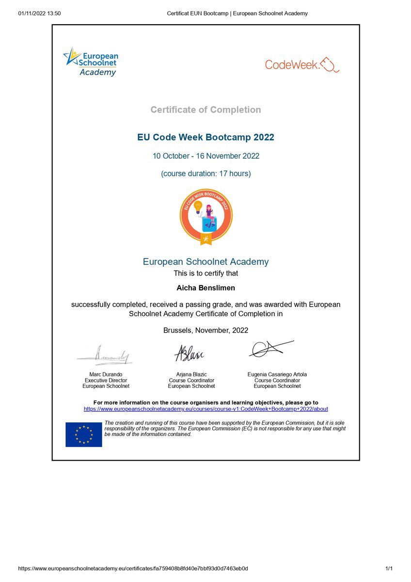 AichaBenSlimen1's tweet image. Proud to have participated and completed an excellent #CodeWeekBootcamp MOOC with @eu_schoolnet
@mannou77 @DouhaJemai @CodeWeekEU
