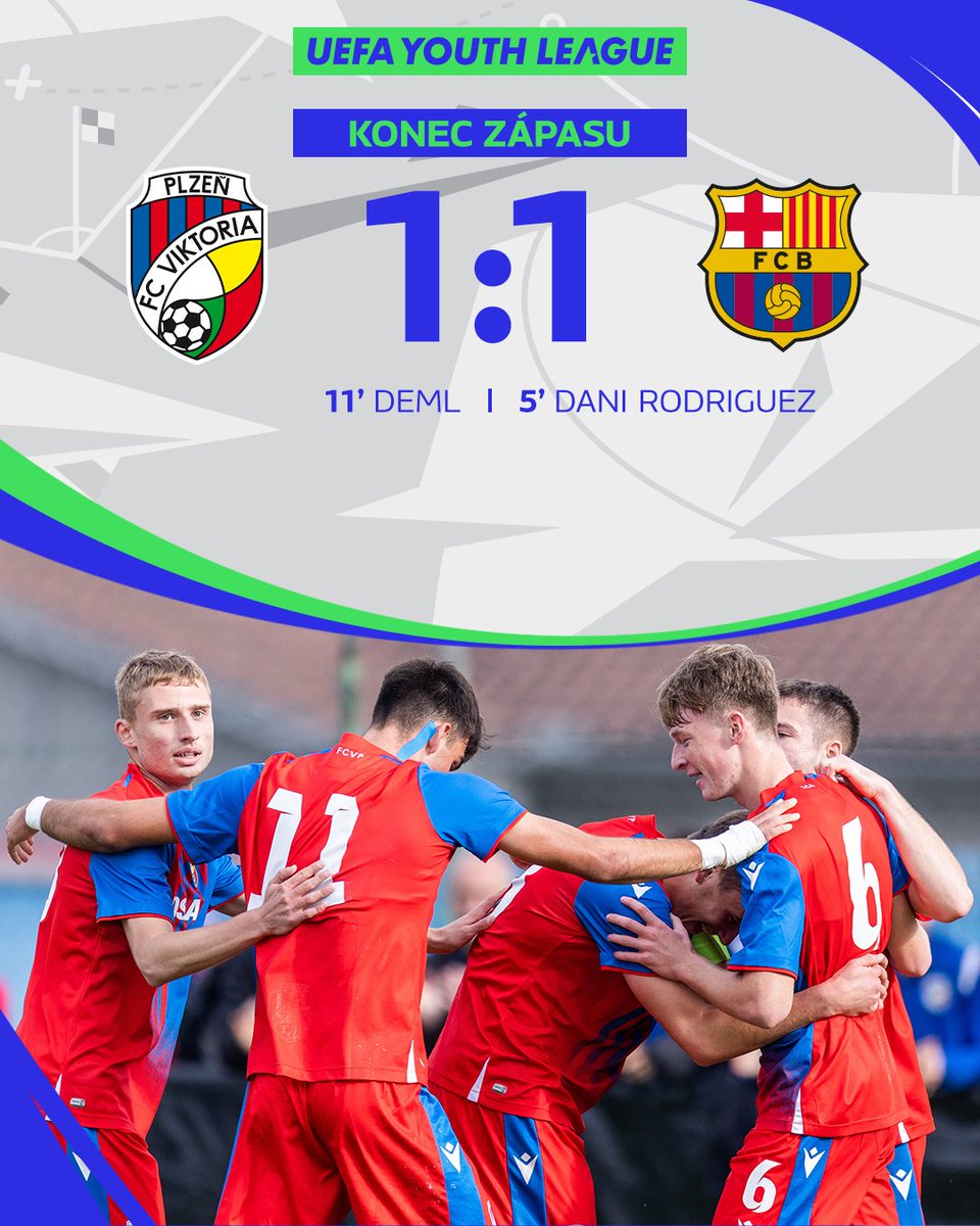 fcviktorkaplzen's tweet photo. Na závěr skupiny @UEFAYouthLeague vybojovala #fcvpU19 velmi cennou remízu se slavnou Barcelonou 🇪🇸🙌 Kluci, děkujeme za skvělou reprezentaci našeho klubu po celý podzim v Evropě! 👏👏❤️💙 #UYL 

REPORTÁŽ ➡️ https://t.co/LkD1MkS391 https://t.co/fqRj2mx2Wg