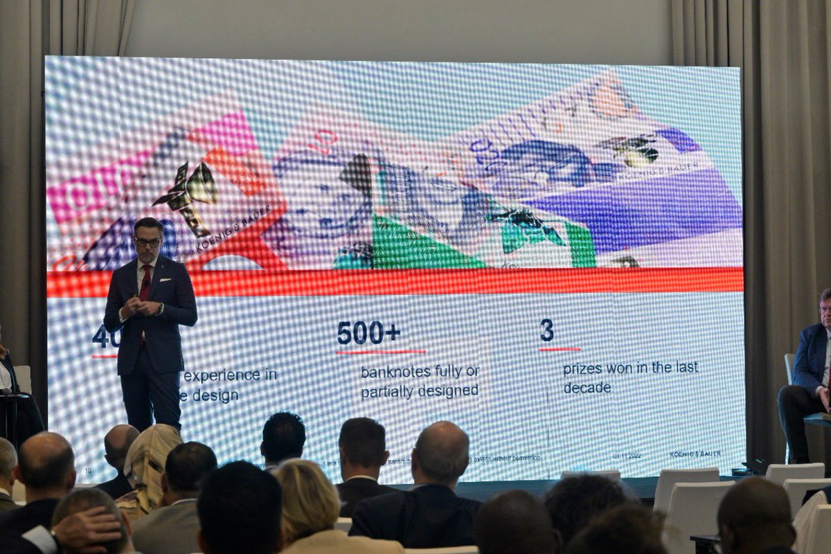 mapconference's tweet photo. CURRENCY DESIGN session, moderated by @jessytradmtv w/ the honorable speakers Prof. Johannes Beermann, Board member @bundesbank, Mr. Abdallah NAILI commercial director #cranecurrency , Mr. Herve Guillerey, director @koenigandbauer &amp; Mr. Andrew Forbes, Sales director @GieseckeNews https://t.co/tBzhUm2V0x