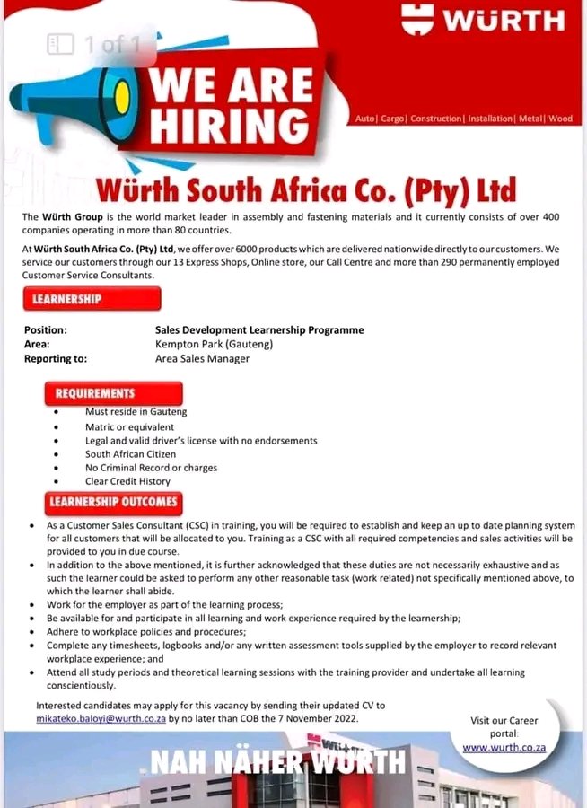 📌 Sales Leanership

Email : mikateko.baloyi@wurth.co.za

Stipend: R8000
Transport Allowance: R1070
Medical aid benefits

#JobSeekersSA #kediconnection #job #jobsearch