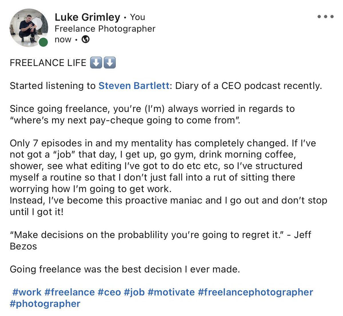lukesaidthis's tweet photo. @SteveBartlettSC I take my hat off to you in so many ways! I’m only 7 episodes in to the podcast, and my mindset has changed so much!
I thank you 🫡 #diaryofaCEO incredible podcast and an outstanding person 🫡🙌🏼 https://t.co/gOxbih6myE