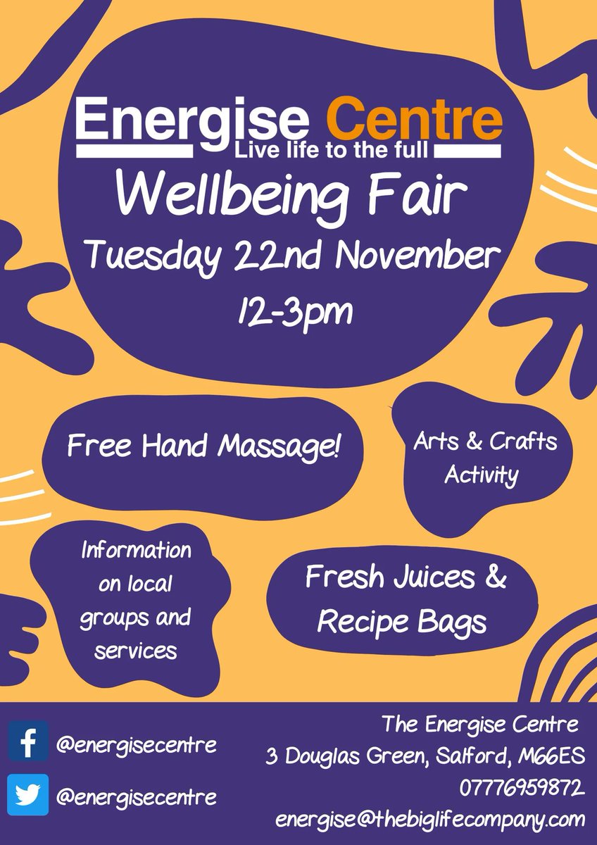 .@BigLifeTweets is running a Wellbeing Fair at their @EnergiseCentre on 22 November. You can find out about local groups and services, or be treated to a free hand massage. Find out more here @EnergiseCentre