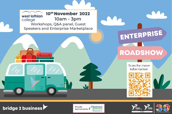 WestLoCollege's tweet photo. Come along to our free Enterprise Roadshow taking place at West Lothian College! 👨‍💼💼

Featuring a wide range of workshops guest speakers and much more, this event is not one to be missed!

Scan the QR code on the image below to sign up! 😊

@bridge2business #EnterpriseRoadshow https://t.co/8p2ZXpmc5k