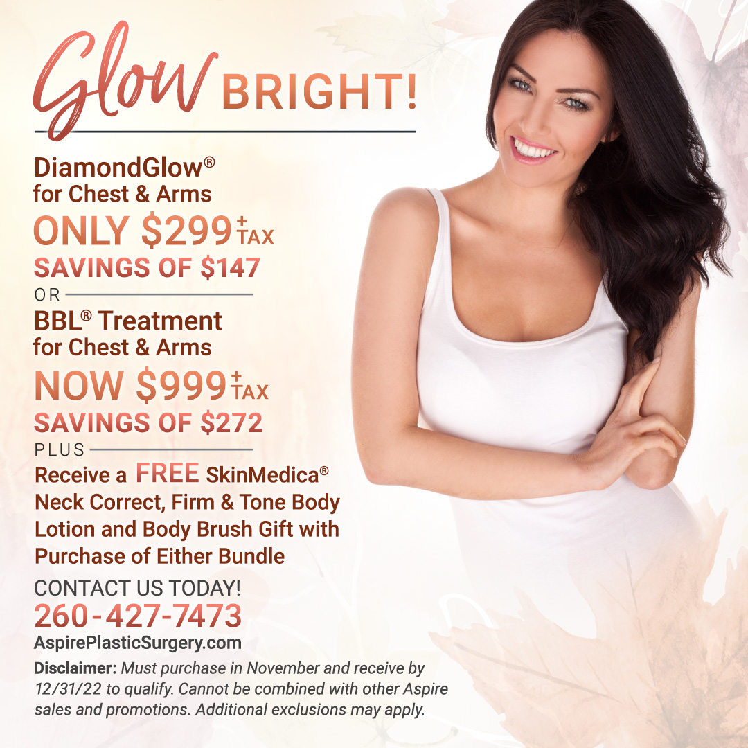 AspirePlastic's tweet photo. Get ready to ✨GLOW✨ this Holiday Season!

Purchase a Chest &amp; Arms Diamond Glow Treatment *OR* a Chest &amp; Arms BBL Treatment and receive a FREE SkinMedica Neck Correct, a Firm &amp; Tone Body Lotion, and a Body Brush Gift!

Schedule or purchase today! 📱 260-427-7473 https://t.co/WHxEoirCSQ