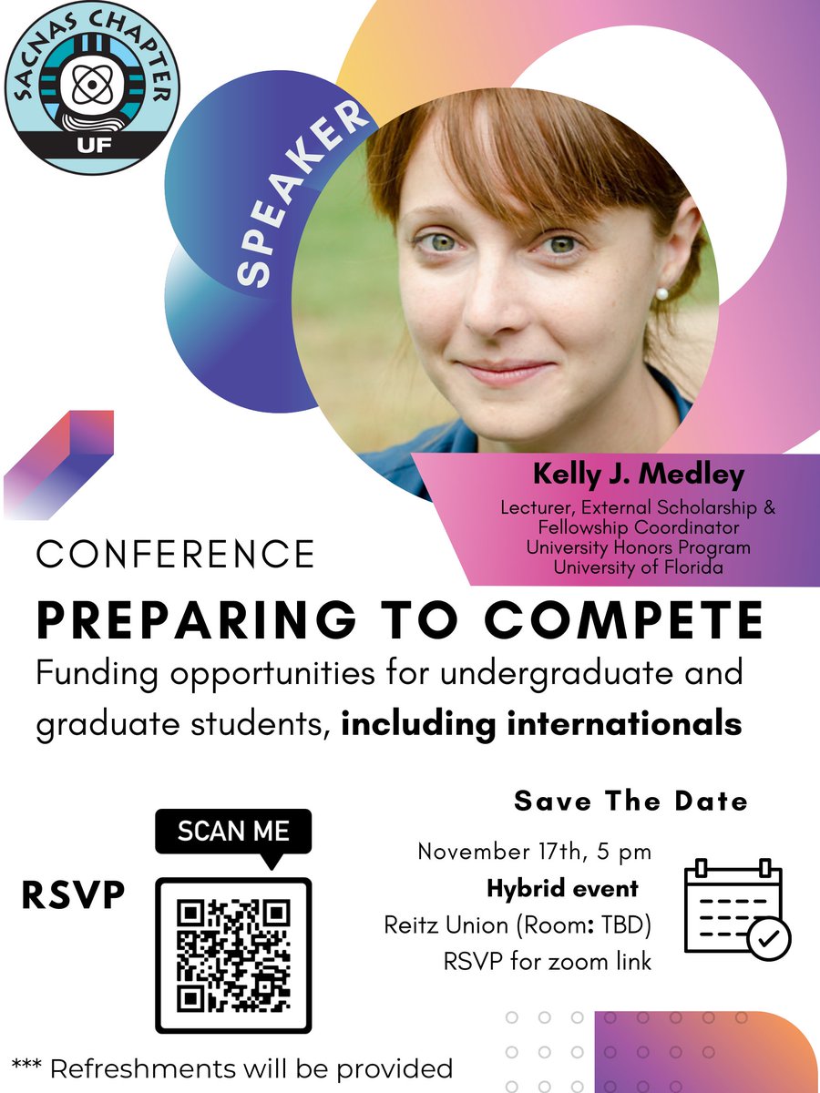 We are honored to have Kelly J. Medley as an invited speaker. She will be presenting funding opportunities for undergraduate and graduate students at UF, including internationals. RSVP to confirm your attendance forms.gle/U28Q7G1sDVn1Fh…