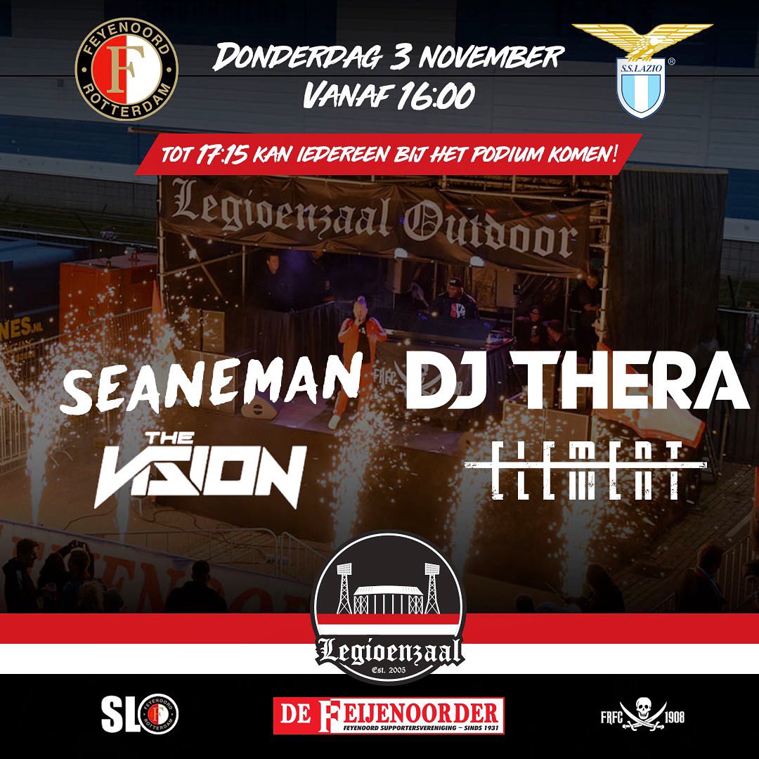 DAAR GAAN WE WEER! 🔥👍🏼

Aankomende donderdag staat de <a href="/DeLegioenzaal/">De Legioenzaal</a> Outdoor weer gepland! De poorten gaan om 16.00 uur open. Zien we jou daar? 

🤝 <a href="/Feyenoord/">Feyenoord Rotterdam</a> <a href="/DeLegioenzaal/">De Legioenzaal</a> <a href="/FRFC1908/">FRFC1908</a>