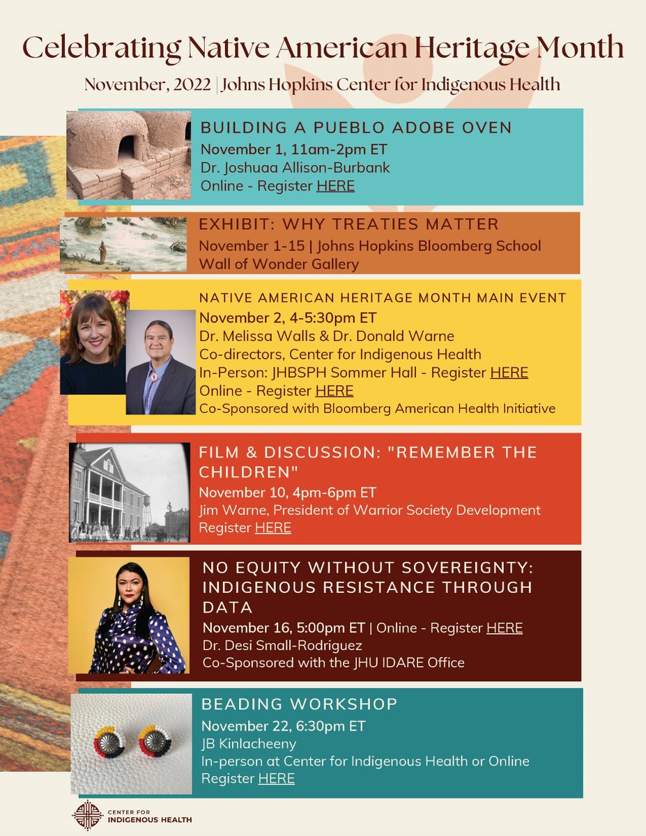 November is #NativeAmericanHeritageMonth. @JHUCIH will be hosting several events throughout the month to recognize the contributions, cultures, history, and diversity of Native American people! bit.ly/3Dqn5o7