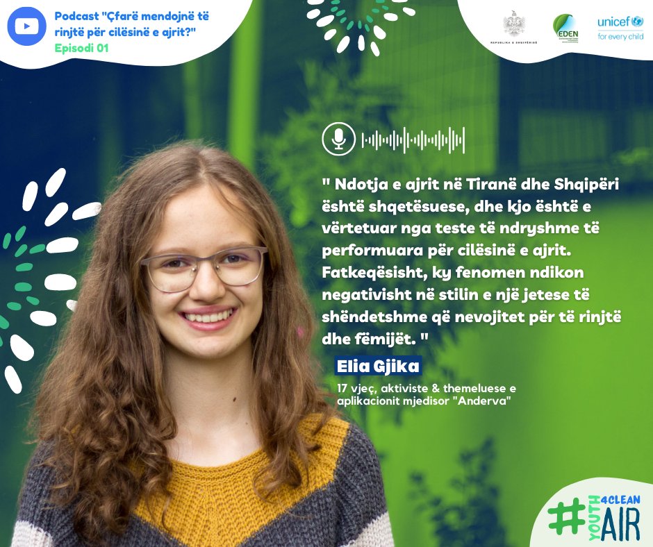 EdenQendra's tweet photo. 🔵Në kuadër të nismës #Youth4CleanAir, nisim serinë e podcast-eve 🎙️ me aktivistë të rinj të klimës dhe mjedisit për të përcjellë qëndrimet dhe mendimet e tyre mbi cilësinë e ajrit dhe ndryshimet klimatike. 🌿

▶️Episodi 01 (e ftuar Elia Gjika)🎧 https://t.co/ADKqQT4s6J https://t.co/0JxpcHvtIi