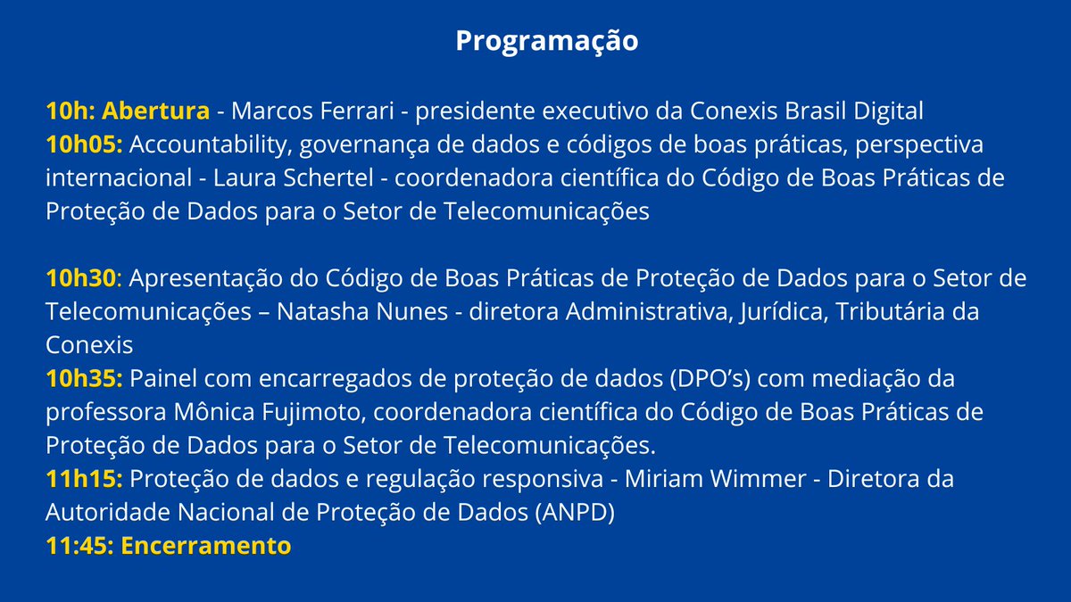 A Conexis é a entidade que representa as maiores empresas de telecom do Brasil e, está promovendo workshop para discutir a proteção de dados no setor de telecomunicações. Estão participando da coordenadora e prof. Laura Schertel, prof. Mônica Fujimoto e prof. Miriam Wimmer.