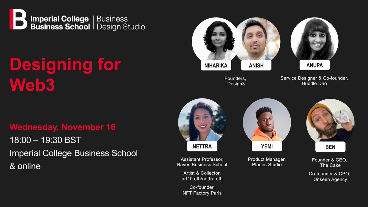 IB_DesignStudio's tweet photo. Our speaker lineup is absolutely fantastic ❤️‍🔥
Join us on Nov 16 at 18:00 BT (in person at @ImperialBiz or online) as we talk with industry experts about #designing for #web3 🚀
Register here: https://t.co/gQzgAfVGdY

#nft #NFTCommuinity #web3community #designthinking https://t.co/l9jT3WhfZI
