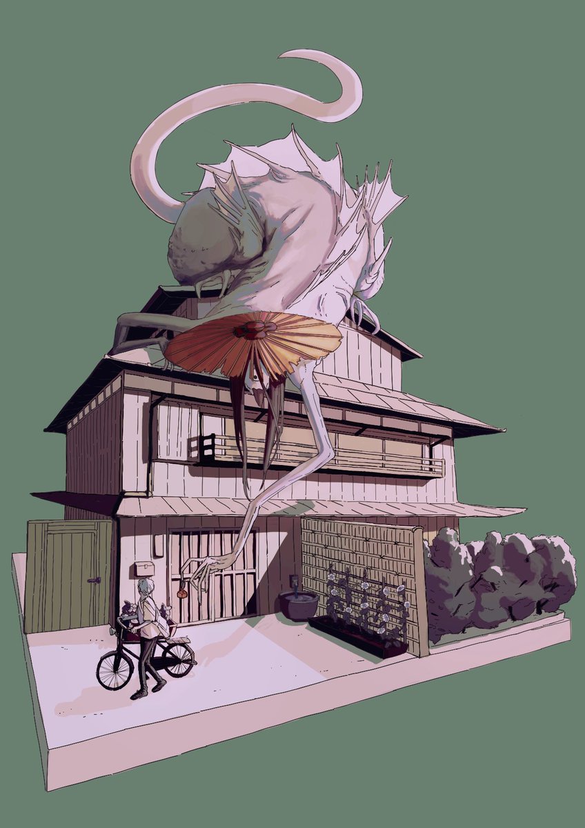 bicycle ground vehicle umbrella green background oil-paper umbrella house dragon  illustration images