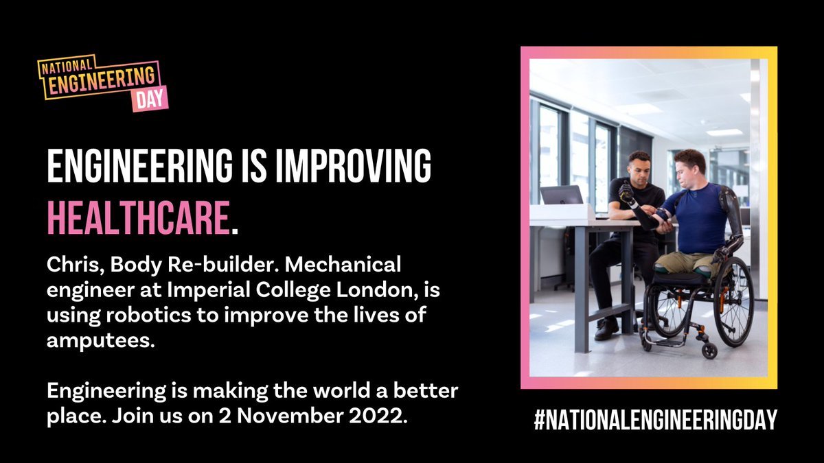 ThisIsEng's tweet photo. Mechanical Engineer, Chris, is improving the lives of people with disabilities. He is creating #robotic exoskeletons for amputees and people recovering from strokes.

 How has engineering improved your life? Share your story tomorrow on #NationalEngineeringDay. https://t.co/omP9ICFFxk