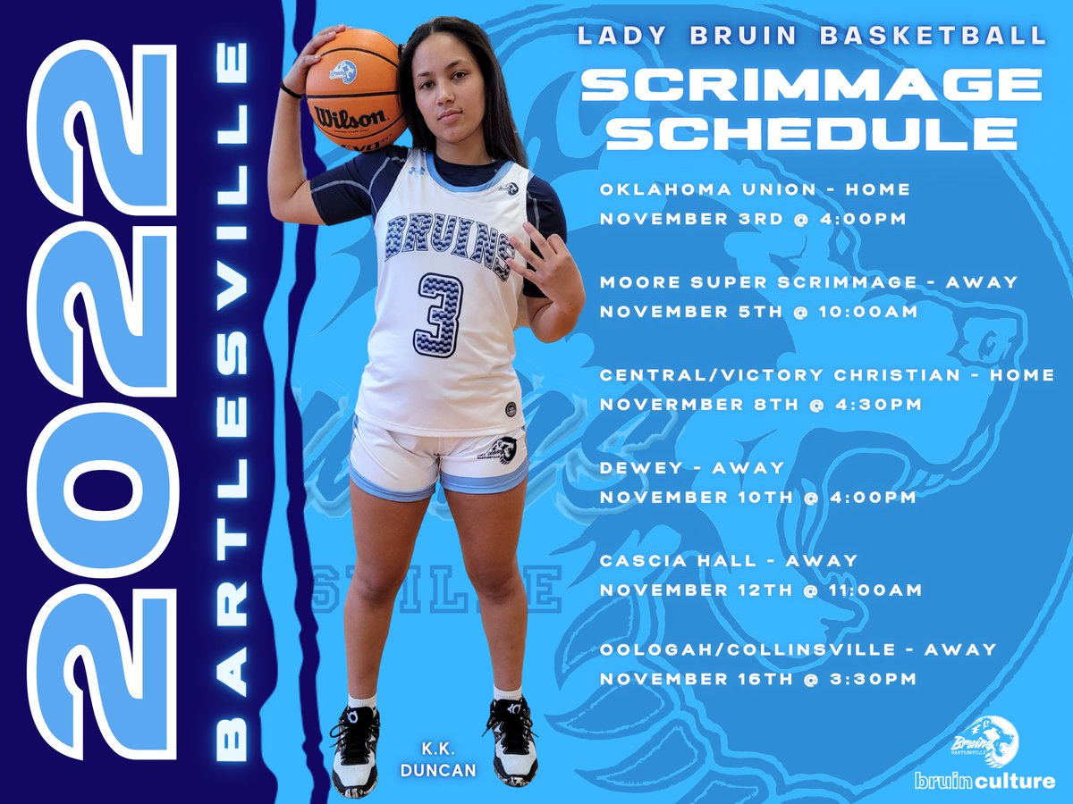 lb_basketball's tweet photo. It's scrimmage season ALL this month! Check out our schedule! Live action starts this Thursday against Oklahoma Union in the Bruin Fieldhouse. Be there! 👀🏀 #BruinCulture @DuncanKaelynn https://t.co/TZDqxKov4g