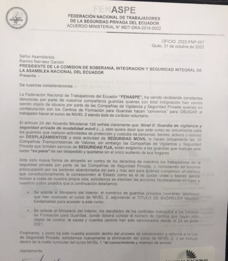 FENASPE1's tweet photo. (🚨)As @ramironarvaezg como presidente d #ComisionDeSeguridad @AsambleaEcuador y cansados del atropello q vivimos los #Guardias causados x #CentrosDeFormacion
pedimos A.Fiscalizadora⤵️
✅Auditoría #Nivel2
✅Resultados d controles a centros @MinInteriorEca
✅ELIMINACIÓN #Nivel2 https://t.co/CdNGZLeWjY