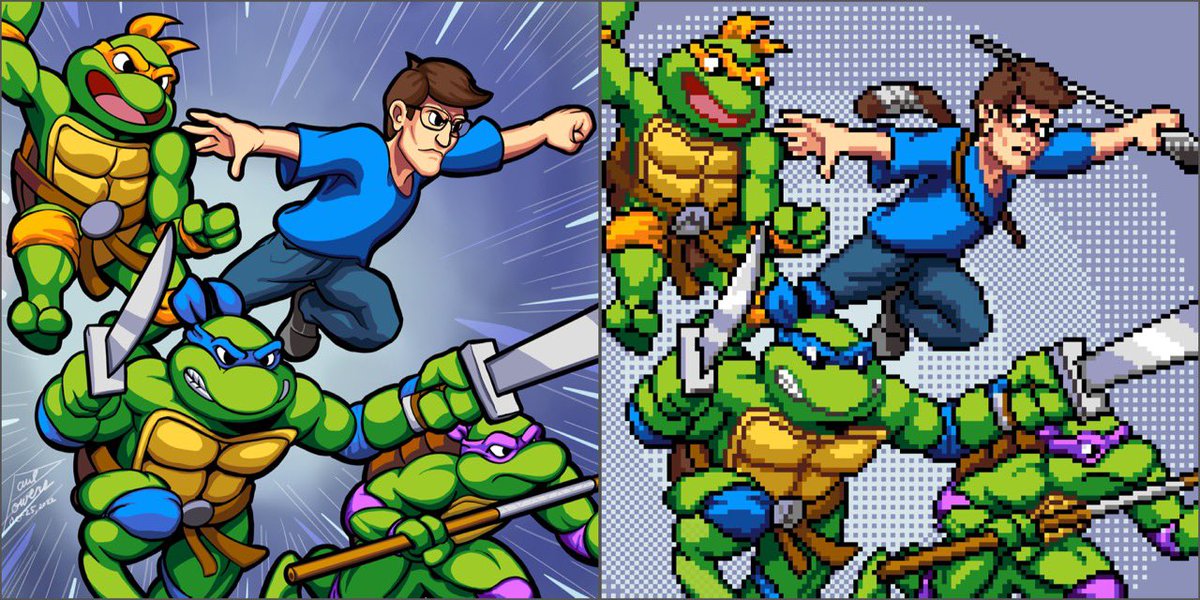 pauljpowers's tweet photo. I am awed by my best friend, @FXRetro_ , who created pixel art based on one of my drawings. This brings the piece back to reference the original source of the video game, Shredder’s Revenge. Thanks so much, Francisco! 🤗 (DM him if you’re interested in pixel art commissions.) https://t.co/lHI7iWdkzz