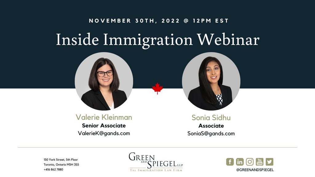 GreenAndSpiegel's tweet photo. Our next complimentary webinar takes place on November 30th at 12pm ET. Panellists Valerie Kleinman and Sonia Sidhu will recap the latest changes in Canadian immigration and answer your questions live. Register here: https://t.co/P7cKCPzTXt https://t.co/suxYNR1B9w