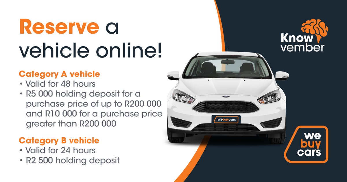 WeBuyCars_SA's tweet photo. 𝗥𝗲𝘀𝗲𝗿𝘃𝗲 𝘆𝗼𝘂𝗿 𝗻𝗲𝘅𝘁 𝘃𝗲𝗵𝗶𝗰𝗹𝗲 𝗼𝗻𝗹𝗶𝗻𝗲 with #WeBuyCars. Click the 𝗥𝗲𝘀𝗲𝗿𝘃𝗲 𝗡𝗼𝘄 button and pay your holding deposit to secure your dream vehicle! Visit https://t.co/qsfXG8Pl1V today! #ClickYourNext https://t.co/bzonBxRaBe