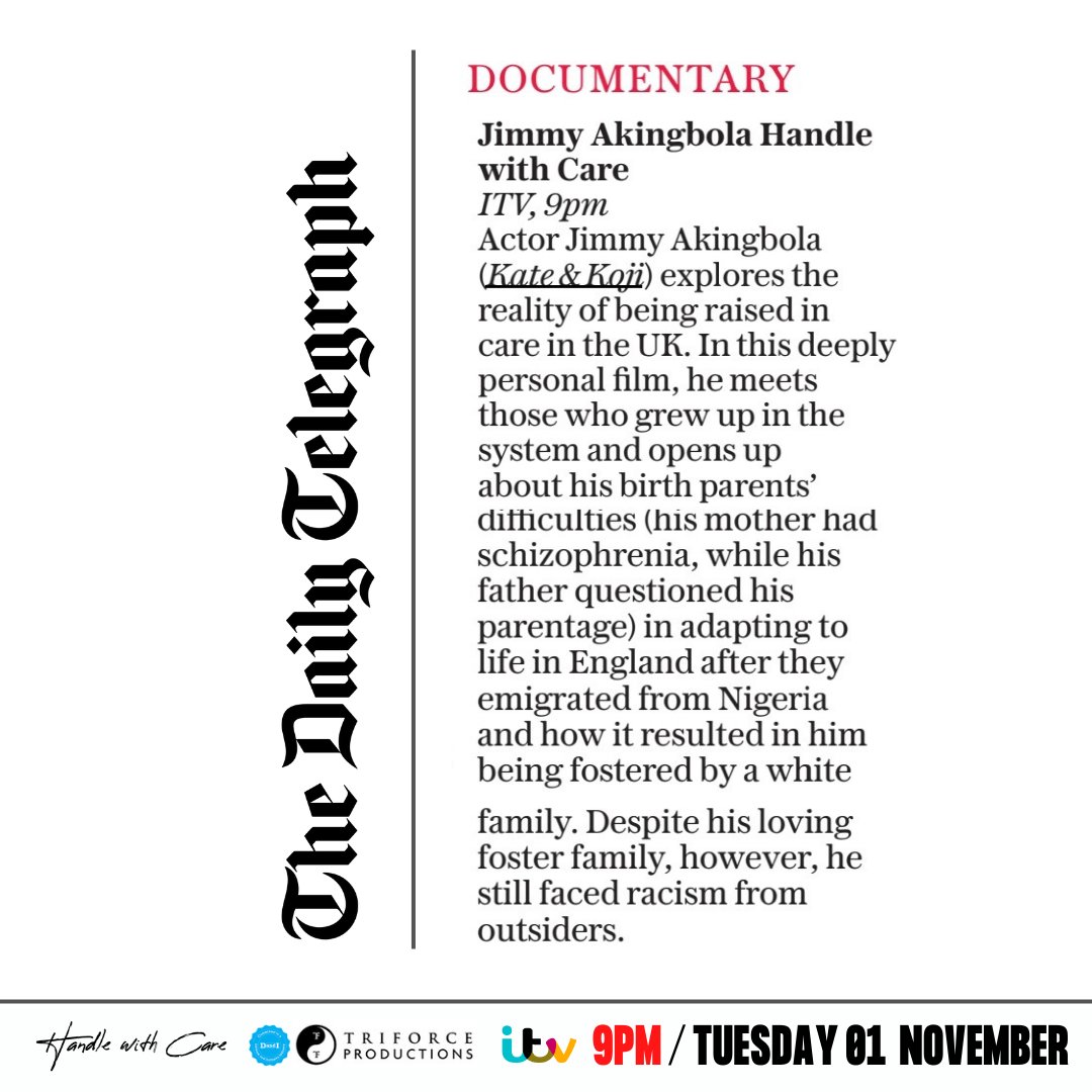 TriForceEvents's tweet photo. Next from @guardian and @Telegraph:

🚨 TONIGHT | 9PM on @itv &amp; #itvhub
 
📽 @jimmyakingbola #HandleWithCare https://t.co/ItdV66A4L3