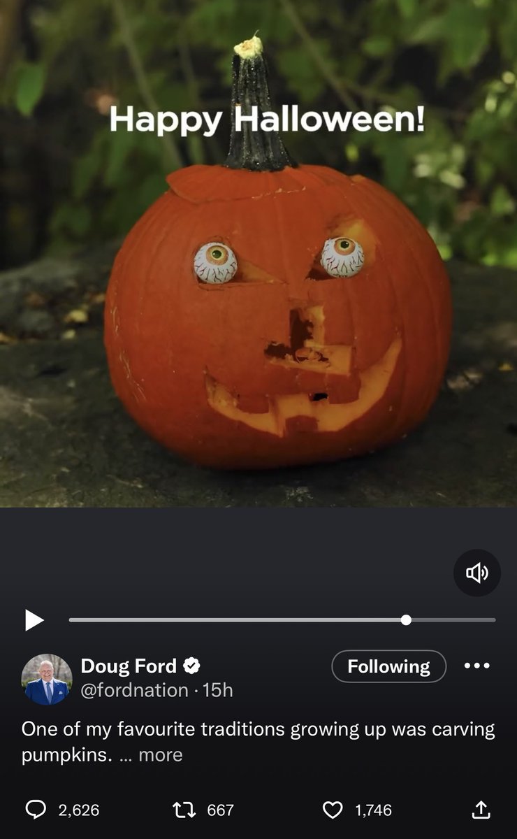 A lot of people correctly pointed out that Doug Ford should be more focused on governing our province than on carving pumpkins.

My takeaway was that the quality of his pumpkin carving is representative of how he governs our province.