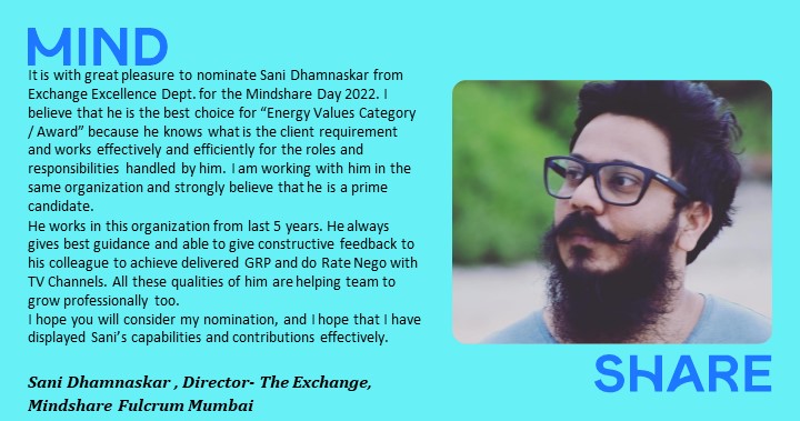 Mindshare_In's tweet photo. Sani Dhamnaskar, Director - The Exchange nominated for Energy. Sani gives his best for the work assigned to him.  #TeamMindshare #MindshareDay https://t.co/sNCDmfxbOd