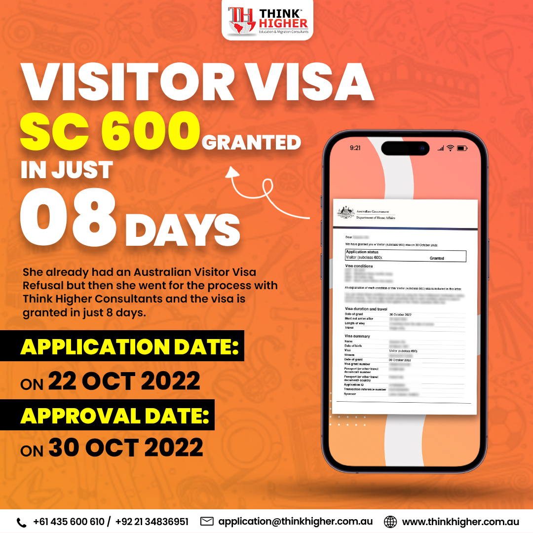 thinkhigheraus's tweet image. What’s better than success after failure? One of our clients got his visitor visa refused, but then she contacted us, and in just 8 days, she was granted a Visitor Visa subclass 600.

#achievement #sc600 #visitorvsa #temporaryvisa #visagranted #visa #australia #education