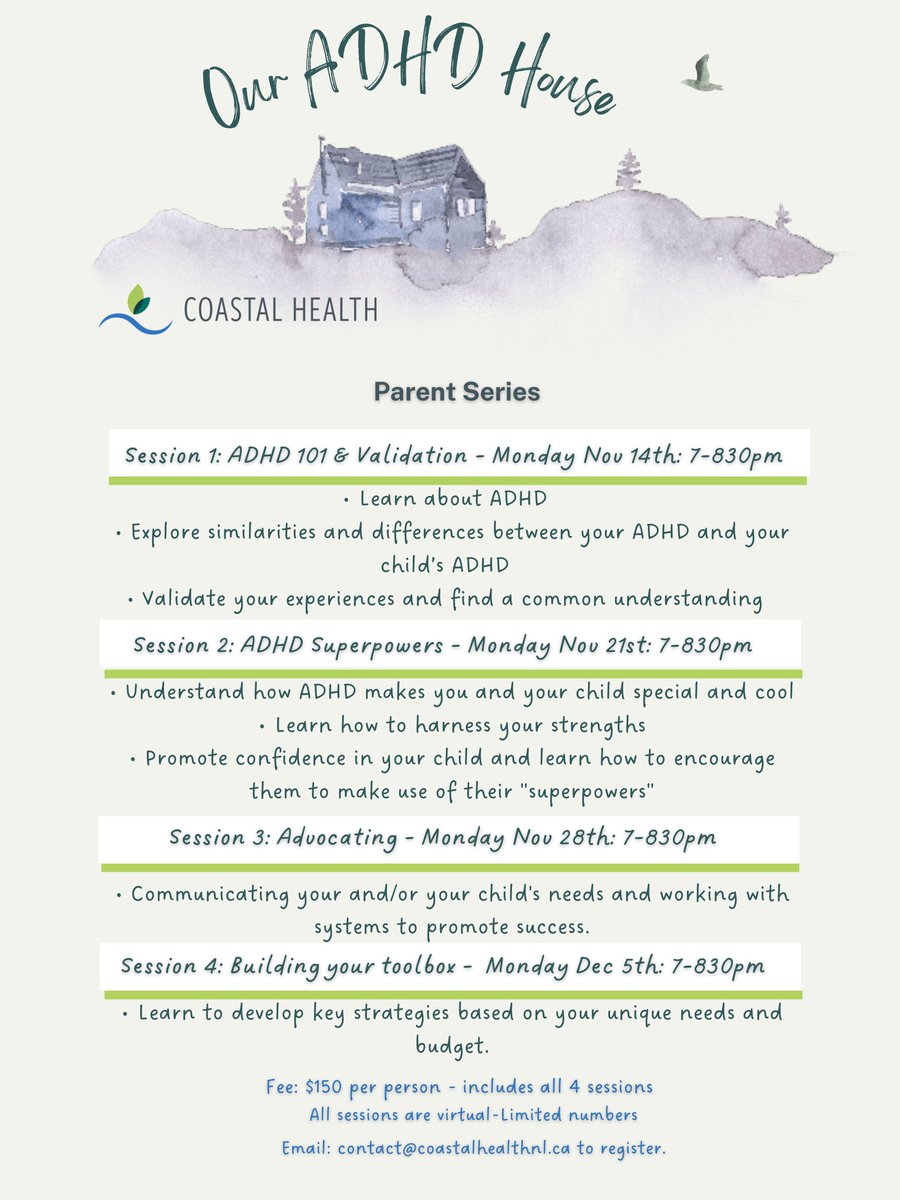 CoastalHealthNL's tweet photo. We are excited! #OurADHDHouse workshop for parents with #ADHD who have children with ADHD is starting Nov 14th! In this interactive and hands on series, we will learn about ADHD, explore experiences with ADHD, and build in skills and resources that help to navigate our lives. https://t.co/E8ETWHdrND