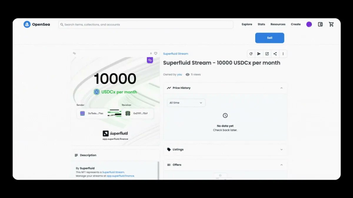 Superfluid streams are now automatically minted as NFTs upon opening and burned when closed. By turning all active streams to NFTs in your wallet, they can now be visualized via OpenSea, by many wallets and portfolio aggregators!  #nft #web3 #Superfluid 
buff.ly/3DqtwaO