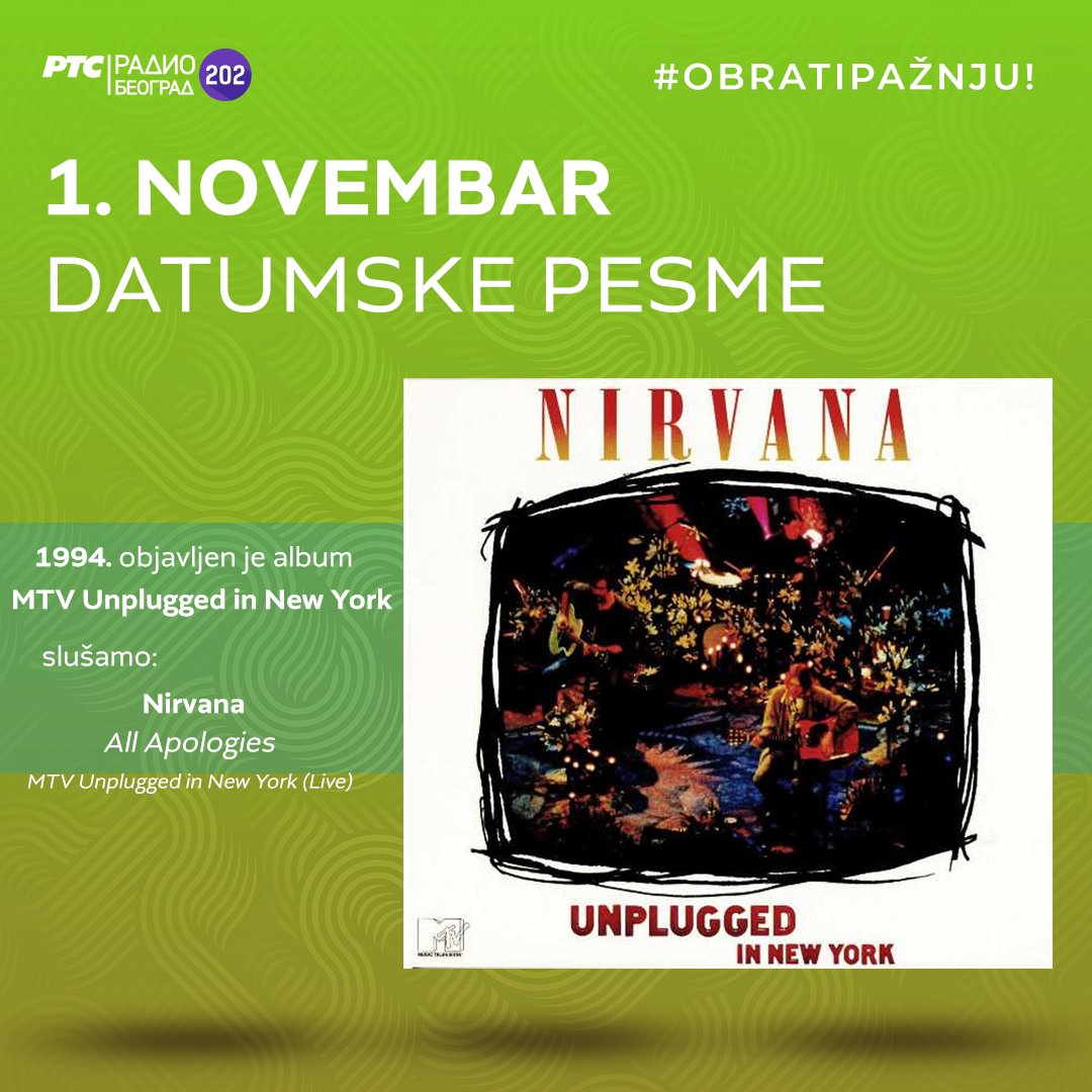 Beograd202's tweet photo. 🗓️ #DatumskePesme - slušamo radnim danima od 14 sati
1962. ✴️ rođen je ANTHONY KIEDIS #RHCP
1984. ✴️ PAT BENATAR - album #Tropico
1985. ✴️ ROBERT PALMER - album #Riptide
1994. ✴️ grupa NIRVANA - album MTV #UnpluggedInNewYork Live

#1novembar #NaDanašnjiDan
#1November #OnThisDay https://t.co/CVTKkaVpIW