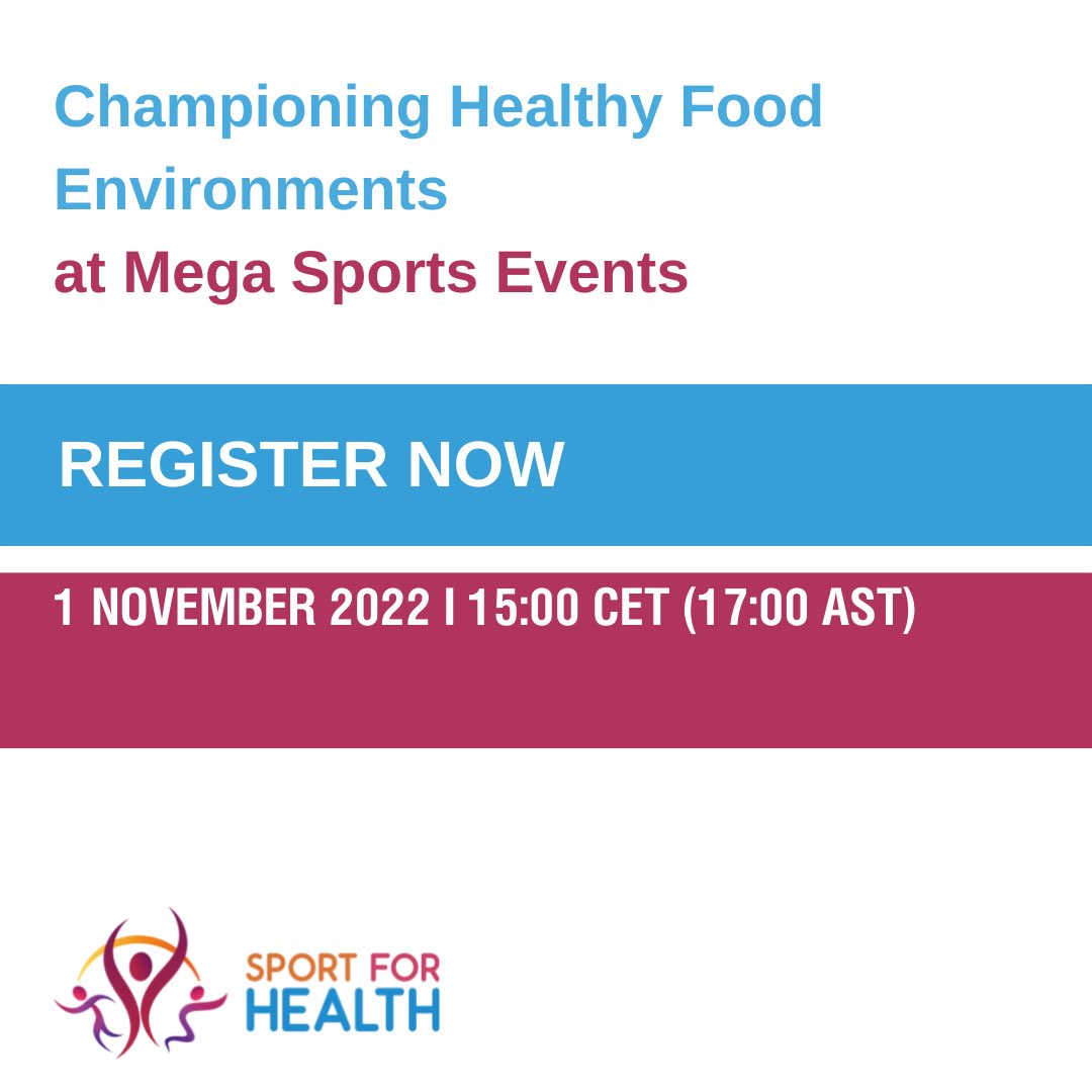 Today! Join <a href="/WHO/">World Health Organization (WHO)</a> and <a href="/MOPHQatar/">وزارة الصحة العامة</a> to learn about healthier and safer foods at mega sports event. We can leverage the power of sports to promote health! Register here: bit.ly/3DfAqzx <a href="/FIFAcom/">FIFA</a> <a href="/B4Development/">B4Development</a> #Qatar2022 #FIFAWorldCup