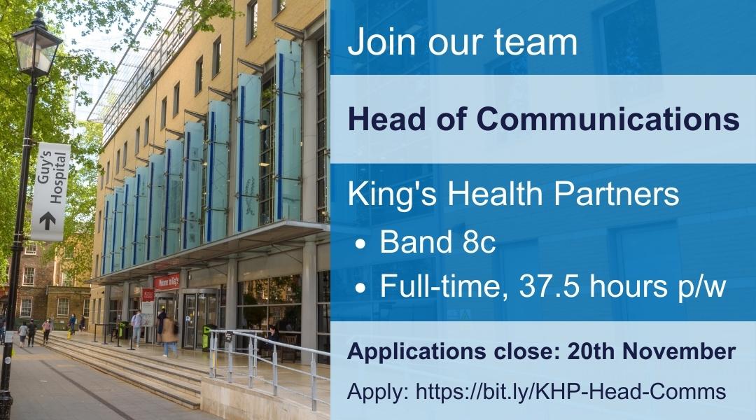 An exciting opportunity has come up to lead our fantastic communications team.

As Head of Communications, you will help deliver our strategy and promote the pioneering work of one of the UK’s leading NHS and university partnerships.

Apply ▶ bit.ly/KHP-Head-Comms