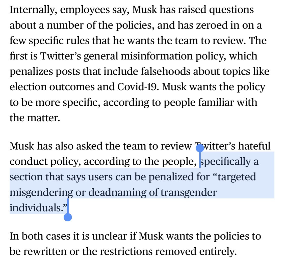 Months after Elon Musk’s transgender daughter changed her name and said she wanted nothing to do with him, Musk is planning to axe a section of Twitter’s hateful content policy that penalizes people for misgendering and deadnaming trans people. What a vile man.