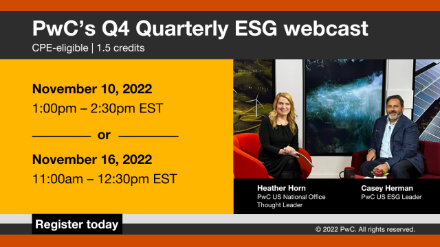 dawneber's tweet photo. Got #ESG? Join our Quarterly ESG webcast on Nov. 10 or 16. PwC specialists &amp; guests will share insights &amp; analysis on the SEC’s climate disclosure proposal, the sustainability reporting proposals from the EFRAG &amp; ISSB, and more. Reserve your spot today. https://t.co/1xbKUic0TI https://t.co/iXfRQtsfMe