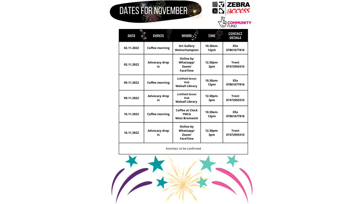 Zebra Access CIO (@zebraaccess) on Twitter photo We hope to see you this #November2022 at one or more of our #BSL friendly events! #DeafCommunity #BlackCountry #Wolverhampton #Walsall #WestBromwich #DeafSupport #Deaf #DeafBlind #HardOfHearing <a href="/TNLComFund/">The National Lottery Community Fund</a> We hope to see you this #November2022 at one or more of our #BSL friendly events! #DeafCommunity #BlackCountry #Wolverhampton #Walsall #WestBromwich #DeafSupport #Deaf #DeafBlind #HardOfHearing <a href="/TNLComFund/">The National Lottery Community Fund</a>