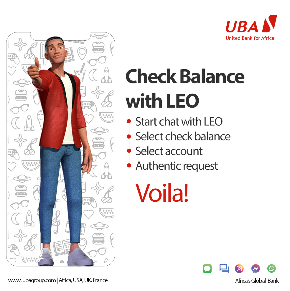 UBA__Zambia's tweet photo. Chatting with Leo gives you a seamless banking experience. Add Leo on WhatsApp (+260764241310), Facebook Messenger, Instagram, Google Business Chat to check your account balance anytime, anywhere.
#chatwithleo
#Leo
#UBAZambia
#AfricasGlobalBank https://t.co/9apZSChFmR