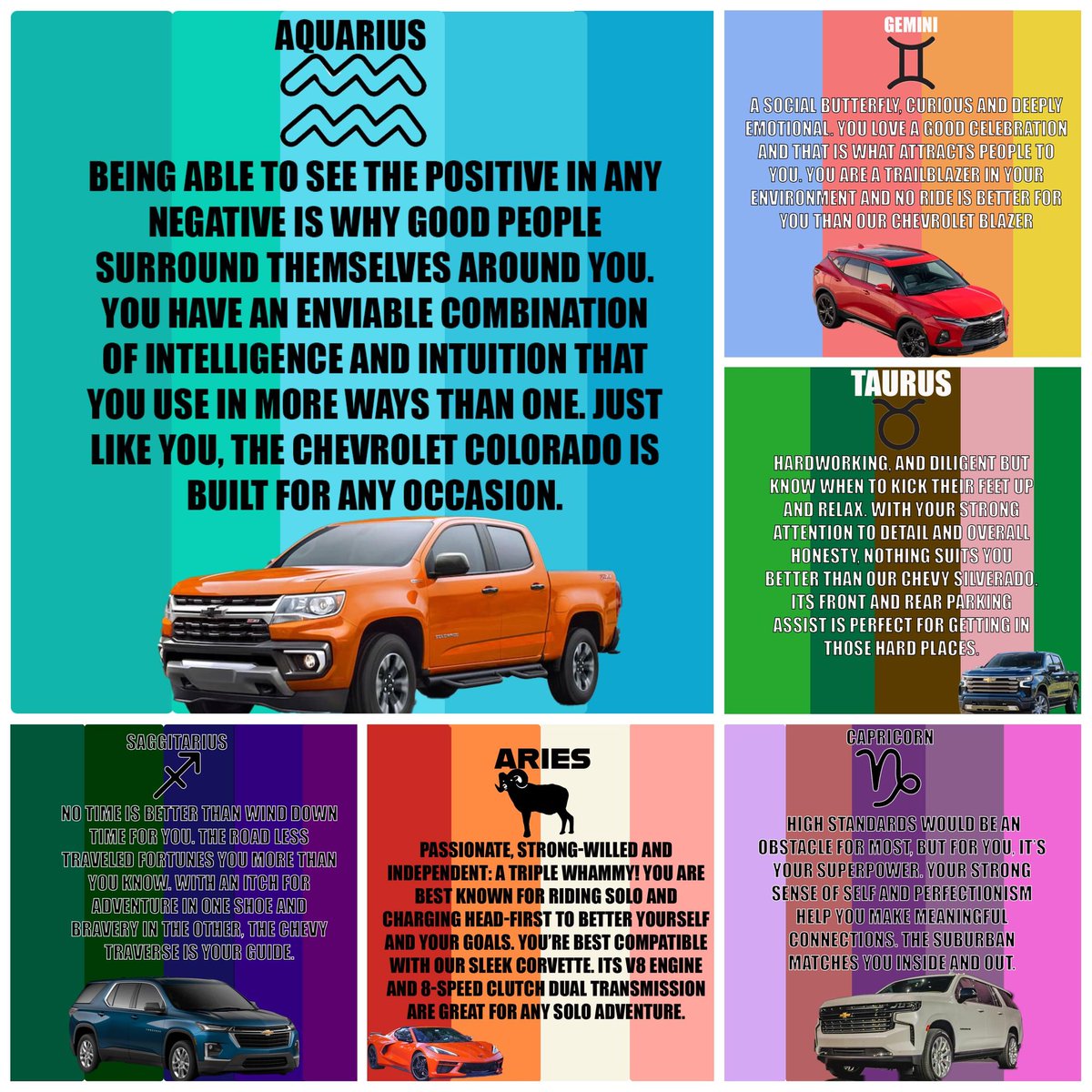 MonumentChevy's tweet image. What Chevy you Should be Driving Based on your Sign p2?