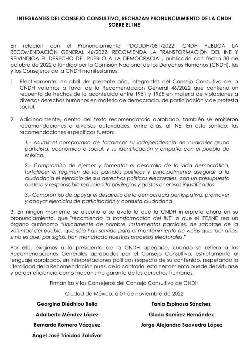 L@s integrantes del Consejo Consultivo de #CNDH, RECHAZAMOS el pronunciamiento que, sobre el #INE, se emitió. Aclaramos, la RG 46/2022 aprobada, NO habla de transformar al árbitro electoral. Esta interpretación es exclusiva de la CNDH, y NO la comparte ni acompaña este Consejo.