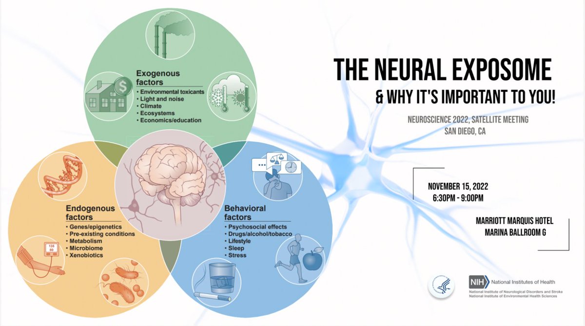 Join <a href="/NINDSfunding/">NINDSfunding</a> &amp; <a href="/NIEHS/">Niel</a>  for a hybrid #SfN satellite meeting on November 15 on neural #exposome. The meeting will feature experts to discuss neural exposomic research, its impact on health inequities, and why this is important to you. Register: event.roseliassociates.com/ninds-neural-e….