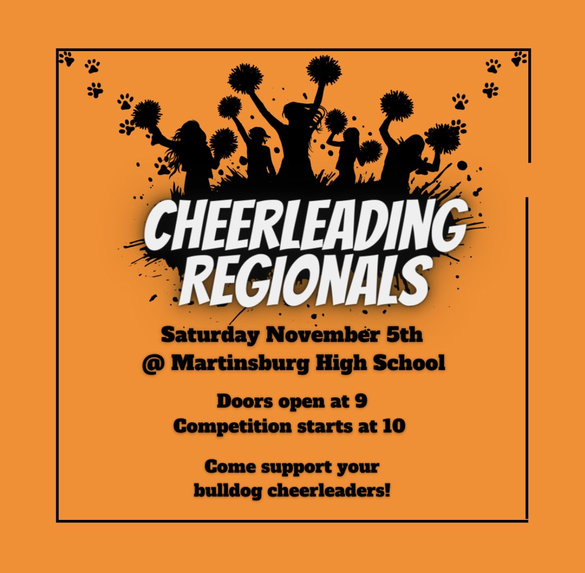 Cheer regionals are this Saturday!!🧡🖤🧡🖤
Come to Martinsburg High School to support your bulldogs! 🐾🐾🐾
@MHSTrentSherman <a href="/_MHSCheer/">Martinsburg Cheer</a> <a href="/BroadcastMhs/">MHS Broadcast</a> <a href="/MHS_Bulldog_SCA/">Martinsburg High SCA</a>