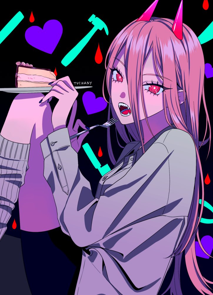 power (chainsaw man) 1girl horns long hair food solo fork pink hair  illustration images