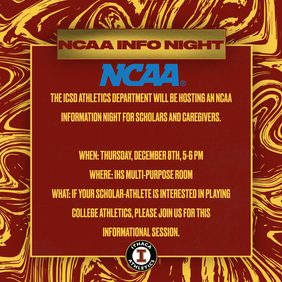 TigersBJM's tweet image. Please join us for our upcoming NCAA Information Night! @ithaca_HS @ithacaNYschools