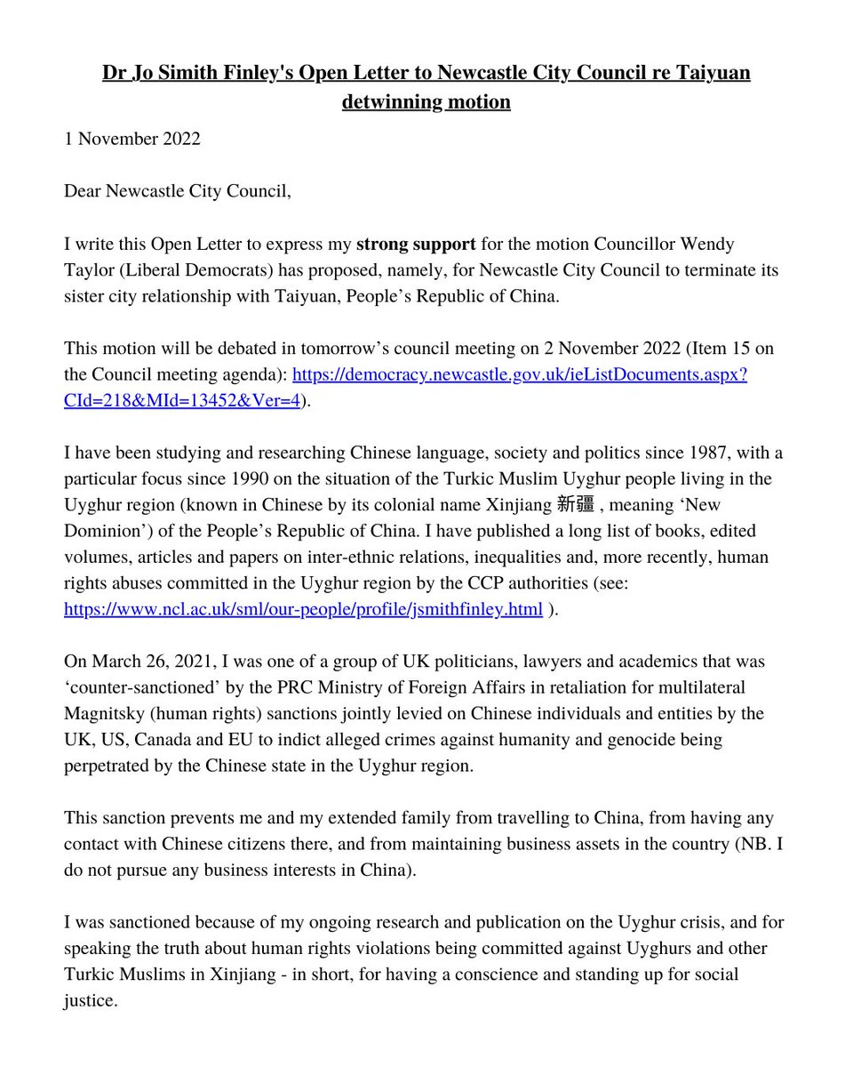 Dr Jo Smith Finley, reader in Chinese studies at Newcastle University has written an open letter to the council to support the detwinning with China motion. 
<a href="/j_smithfinley/">Jo Smith Finley</a>