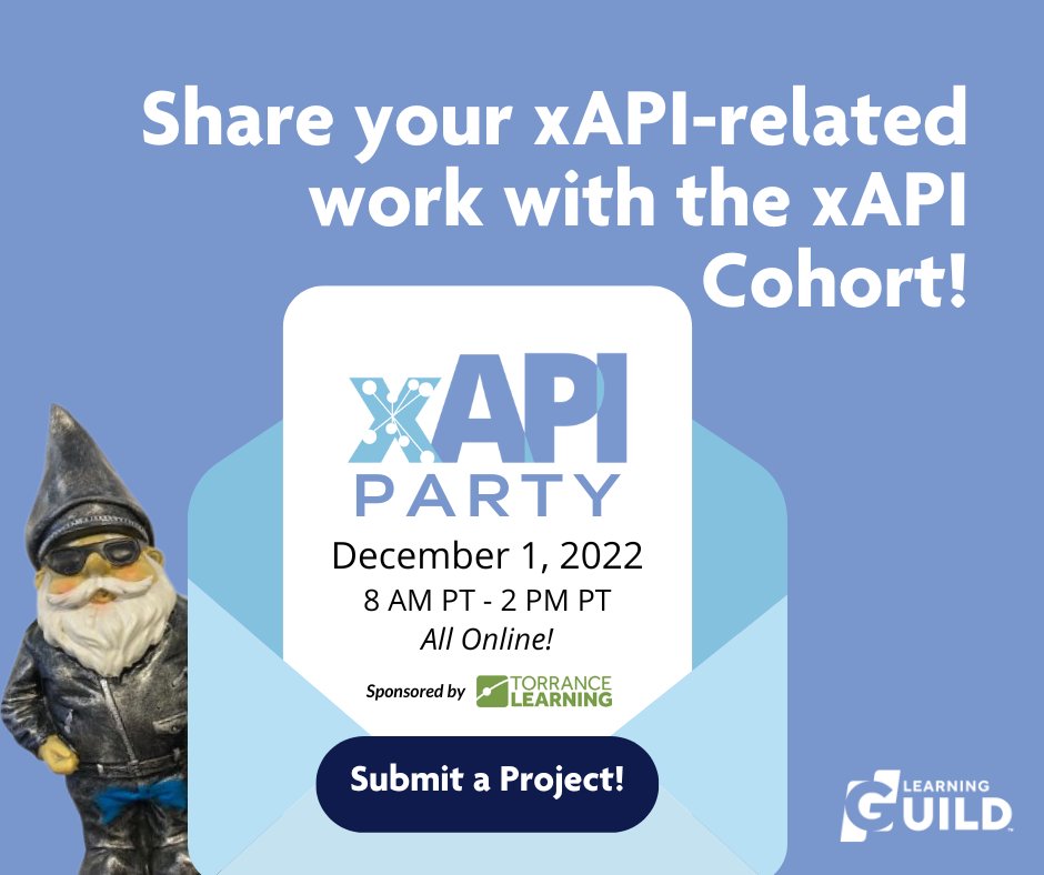 LearningGuild's tweet image. Are you using xAPI? Show us how you use #ExperienceAPI on December 1 at the virtual xAPI Party! Submit a proposal to share your work here >> bit.ly/xapi-party-2022
#xAPI @xAPIGnome