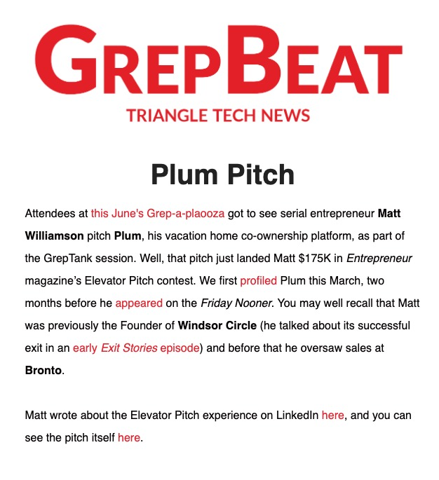 M_D_Williamson's tweet photo. Always fun to have @PlumCoOwnership featured in @grepbeat!

We won a $175k investment from @marcrandolph, the 1st CEO of Netflix. Watch the big win here: https://t.co/Yq8y6BWeYs https://t.co/IReJqx0qtp